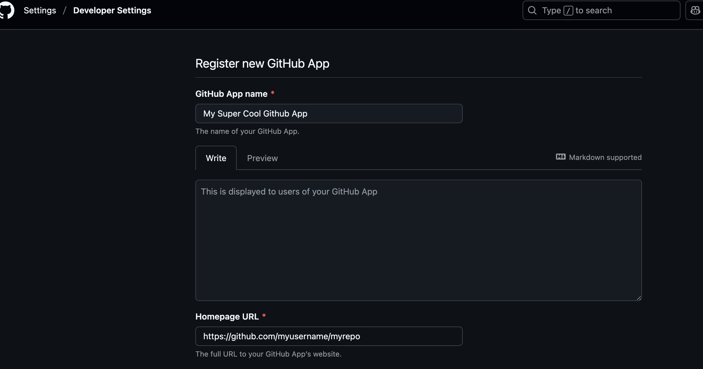 Register New GitHub App Form